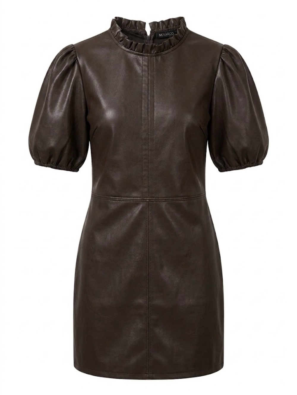 Mikarose Dark Brown Faux-Leather Puff Sleeve Dress S